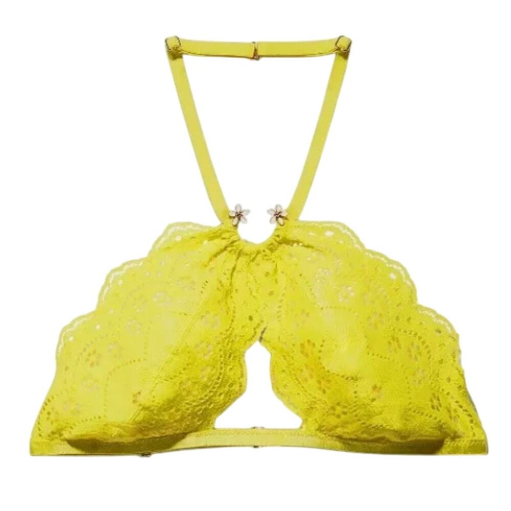 Savage x Fenty Bombshell Broderie Lace Halter Bralette in Yellow, Size S